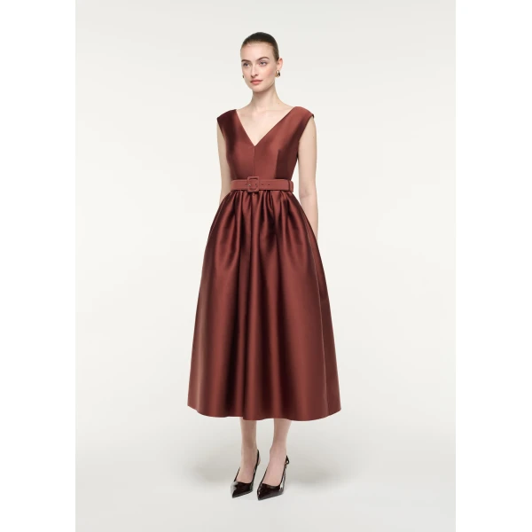 Roland Mouret Belted V-Neck Midi Dress in Coco, view 2