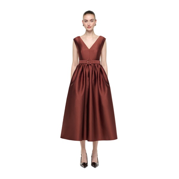 Roland Mouret Belted V-Neck Midi Dress in Coco