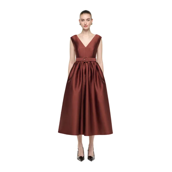 Roland Mouret Belted V-Neck Midi Dress in Coco