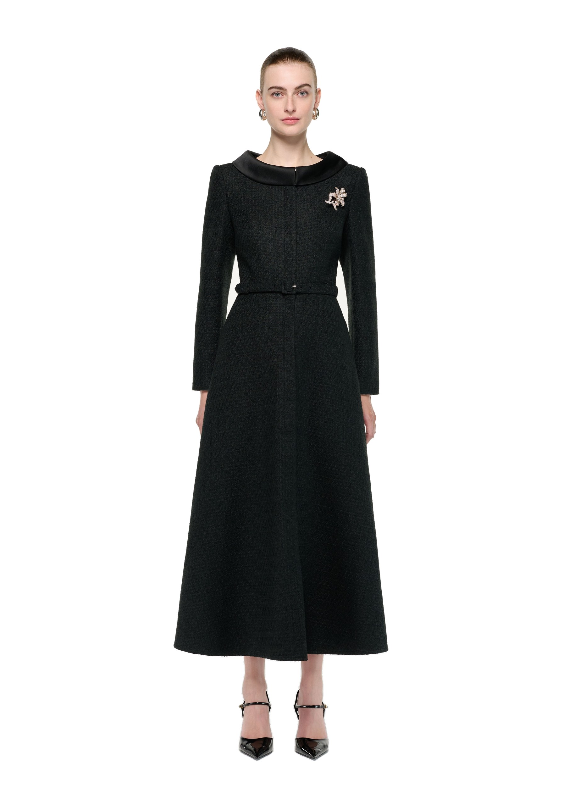 Roland Mouret Boucle Coat With Flower Brooch in Black