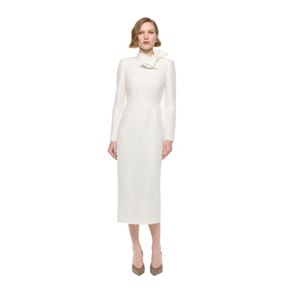 Roland Mouret Bow Neckline Long Sleeve Midi Dress in Cream