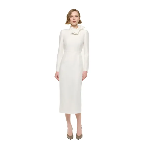 Roland Mouret Bow Neckline Long Sleeve Midi Dress in Cream