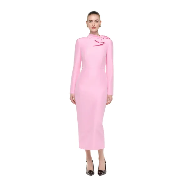 Roland Mouret Bow Neckline Long Sleeve Midi Dress in Pink