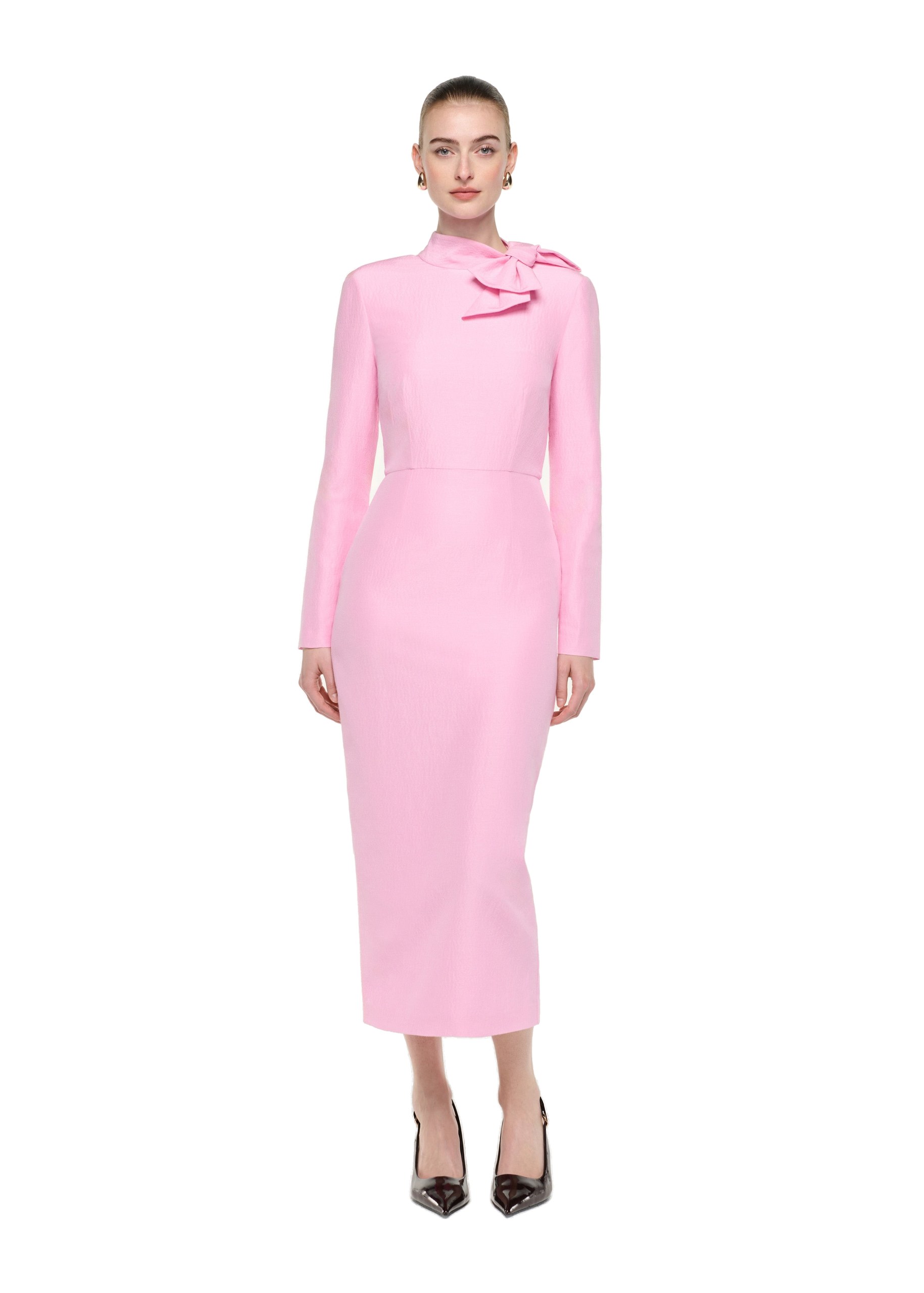 Roland Mouret Bow Neckline Long Sleeve Midi Dress in Pink