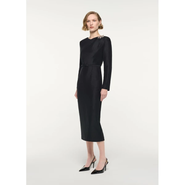 Roland Mouret Brooched Silk Jacquard Midi Dress in Black, view 2