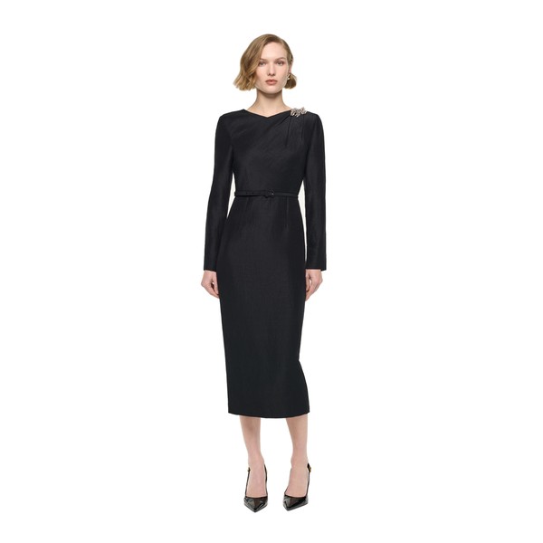 Roland Mouret Brooched Silk Jacquard Midi Dress in Black