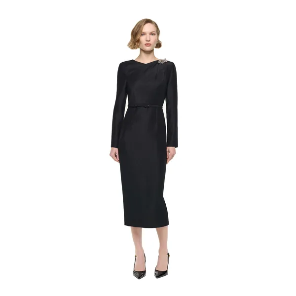 Roland Mouret Brooched Silk Jacquard Midi Dress in Black