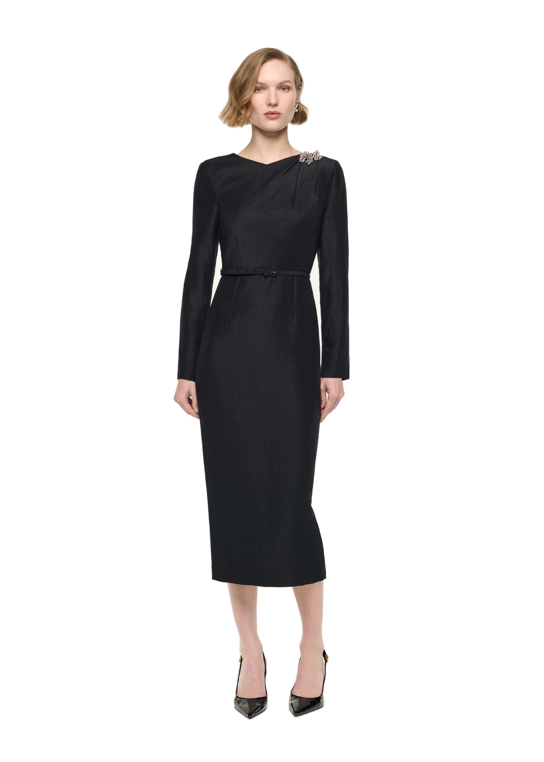 Roland Mouret Brooched Silk Jacquard Midi Dress in Black
