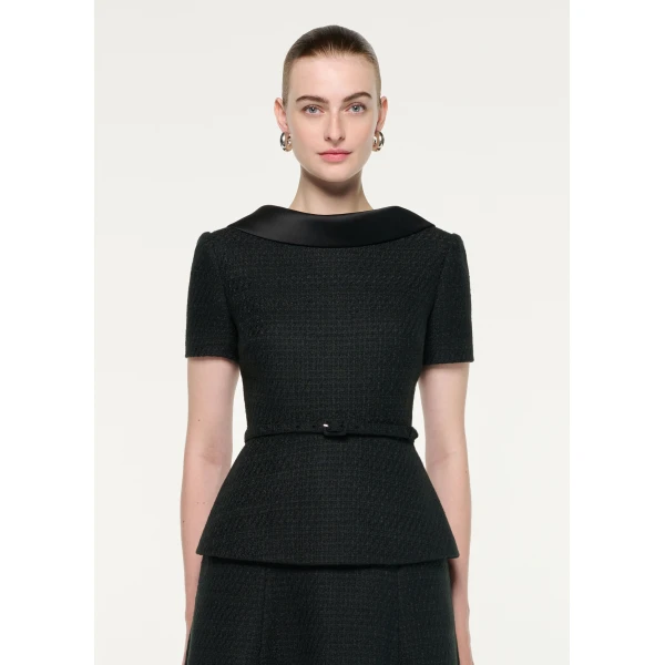 Roland Mouret Collared Boucle Peplum Midi Dress in Black, view 4