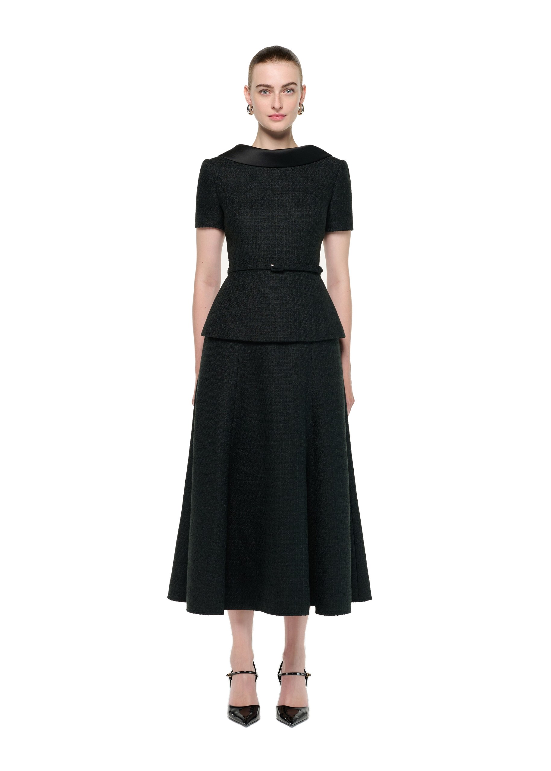 Roland Mouret Collared Boucle Peplum Midi Dress in Black