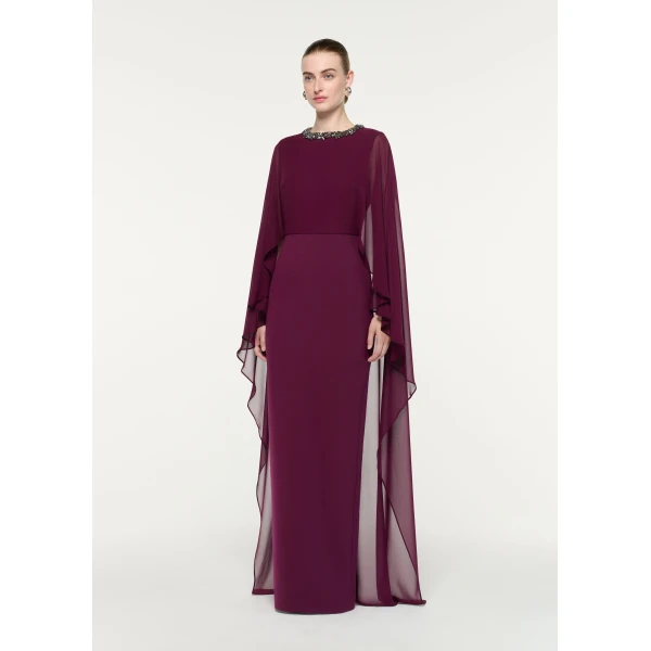 Roland Mouret Embellished Chiffon Cape Gown in Prune, view 2