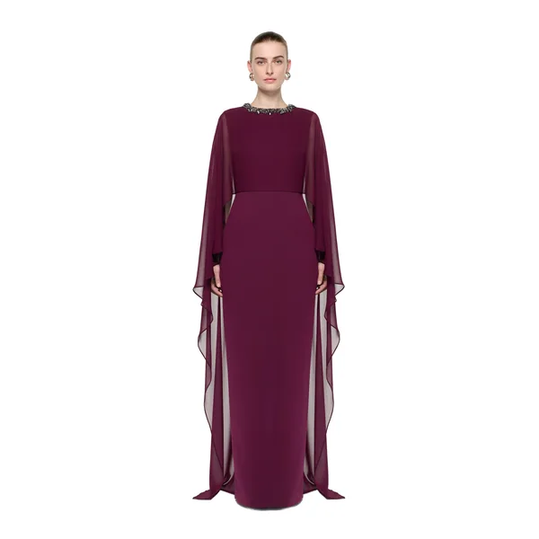 Roland Mouret Embellished Chiffon Cape Gown in Prune