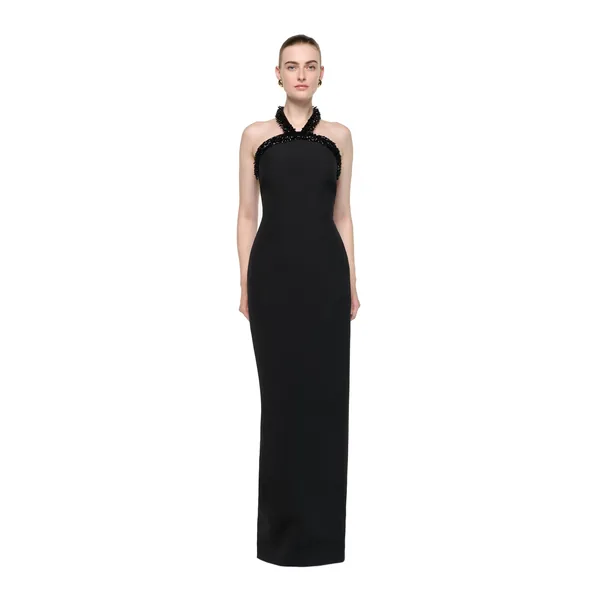 Roland Mouret Embellished Halter Neck Crepe Gown in Black