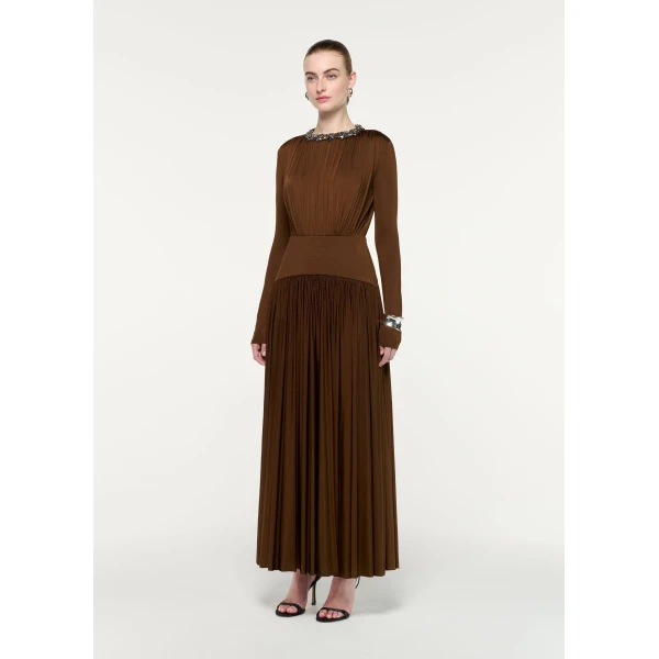 Roland Mouret Embellished Neck Long Sleeve Gathered Dress in Dark Olive, view 2