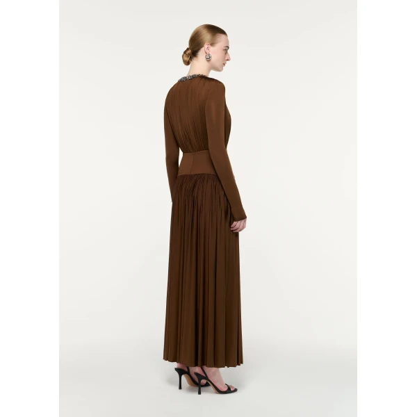 Roland Mouret Embellished Neck Long Sleeve Gathered Dress in Dark Olive, view 3