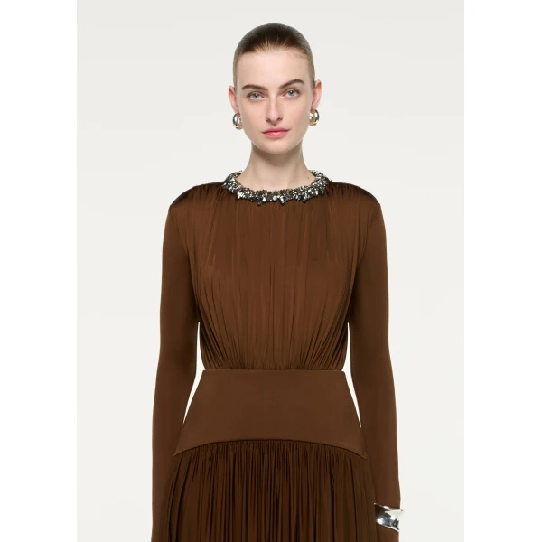 Roland Mouret Embellished Neck Long Sleeve Gathered Dress in Dark Olive, view 4