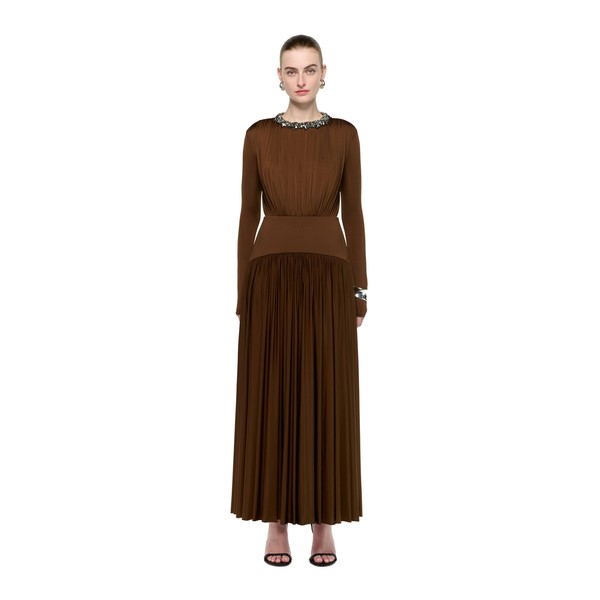 Roland Mouret Embellished Neck Long Sleeve Gathered Dress in Dark Olive