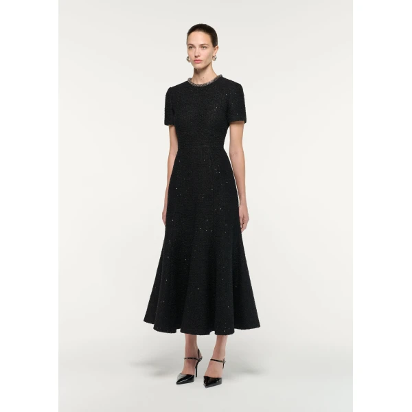 Roland Mouret Embellished Neck Sequin Boucle Midi Dress in Black, view 2