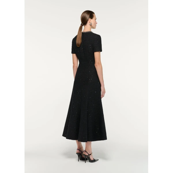 Roland Mouret Embellished Neck Sequin Boucle Midi Dress in Black, view 3