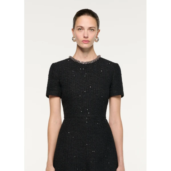 Roland Mouret Embellished Neck Sequin Boucle Midi Dress in Black, view 4