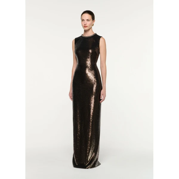 Roland Mouret Embellished Neck Sequin Gown in Dark Olive, view 2