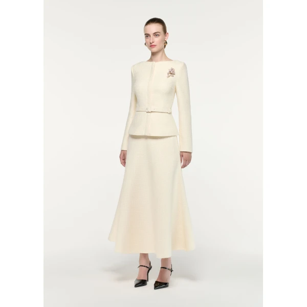 Roland Mouret Flower Brooch Boucle Jacket in Cream, view 2