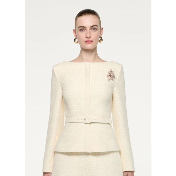 Roland Mouret Flower Brooch Boucle Jacket in Cream, view 4