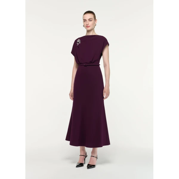 Roland Mouret Flower Brooch Cady Midi Dress in Prune, view 2