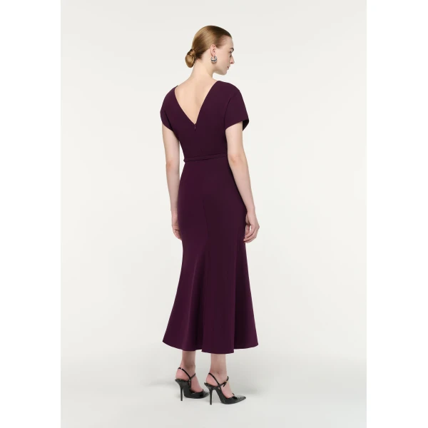 Roland Mouret Flower Brooch Cady Midi Dress in Prune, view 3