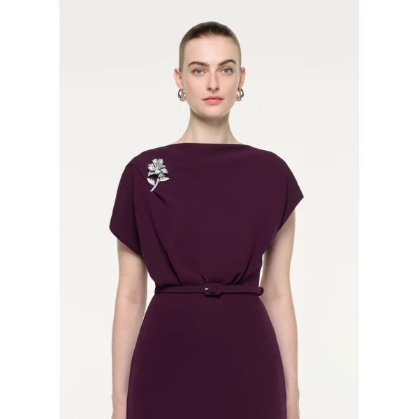 Roland Mouret Flower Brooch Cady Midi Dress in Prune, view 4