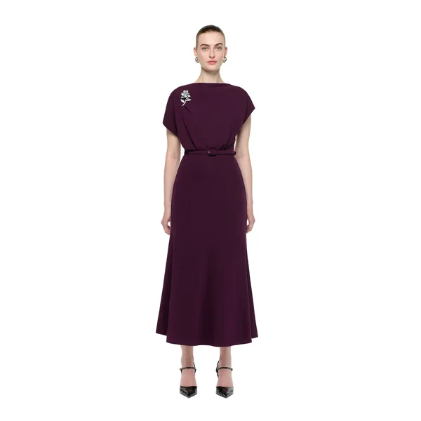Roland Mouret Flower Brooch Cady Midi Dress in Prune