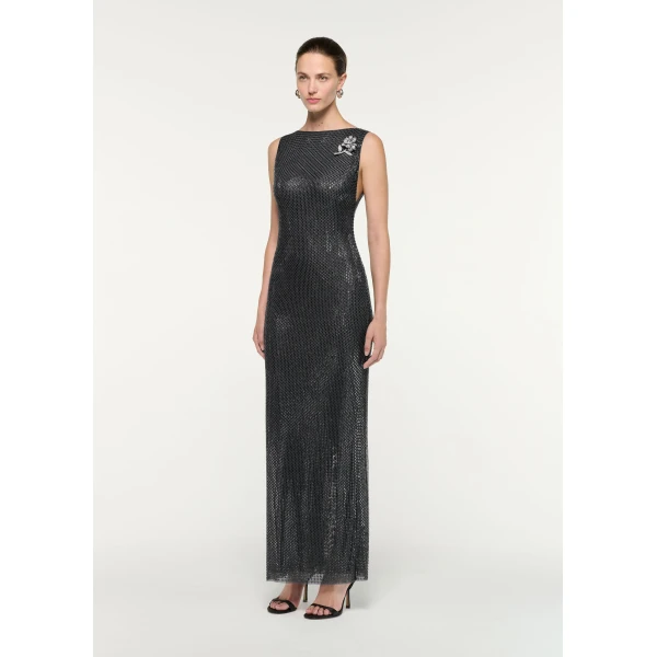 Roland Mouret Flower Brooch Diamante Maxi Dress in Dark Silver, view 2