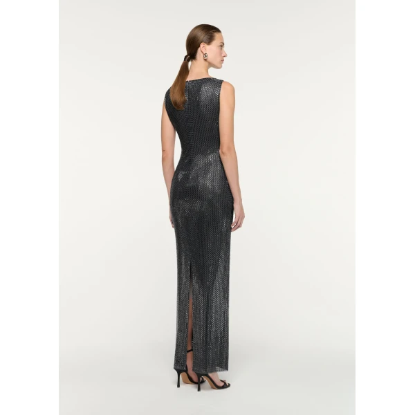 Roland Mouret Flower Brooch Diamante Maxi Dress in Dark Silver, view 3