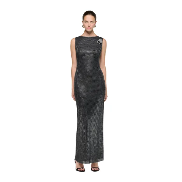 Roland Mouret Flower Brooch Diamante Maxi Dress in Dark Silver