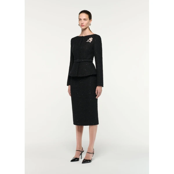 Roland Mouret Flower Brooch Sequin Boucle Jacket in Black, view 2