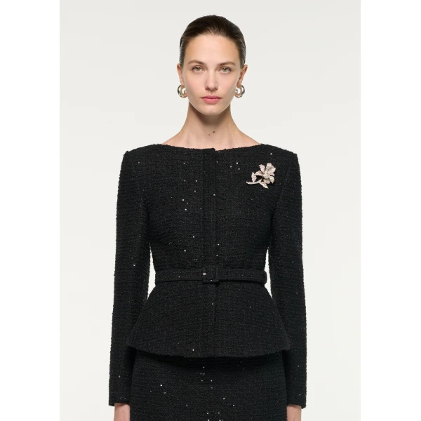 Roland Mouret Flower Brooch Sequin Boucle Jacket in Black, view 4