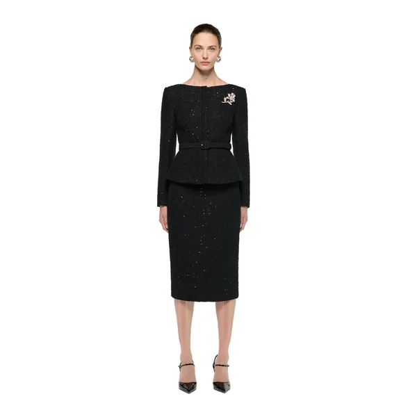 Roland Mouret Flower Brooch Sequin Boucle Jacket in Black