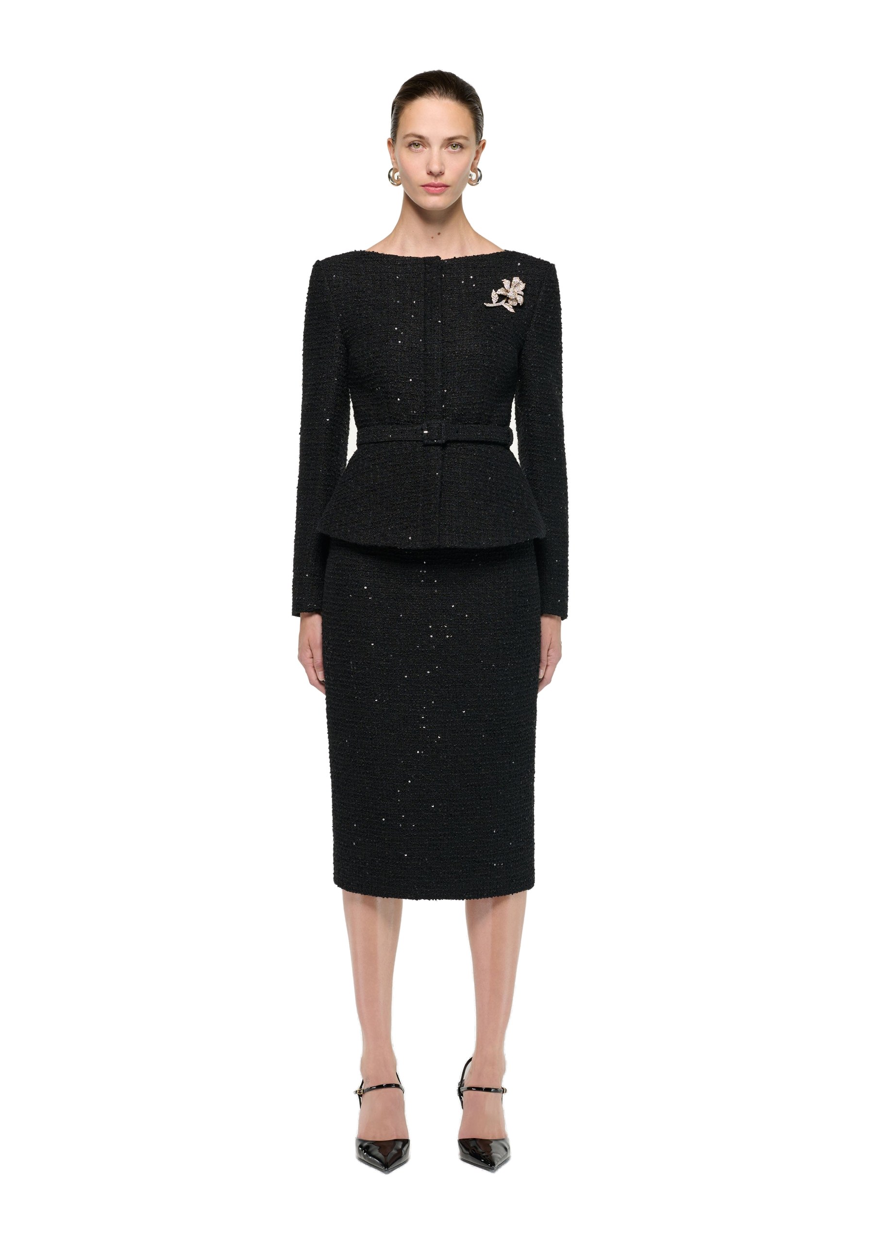 Roland Mouret Flower Brooch Sequin Boucle Jacket in Black