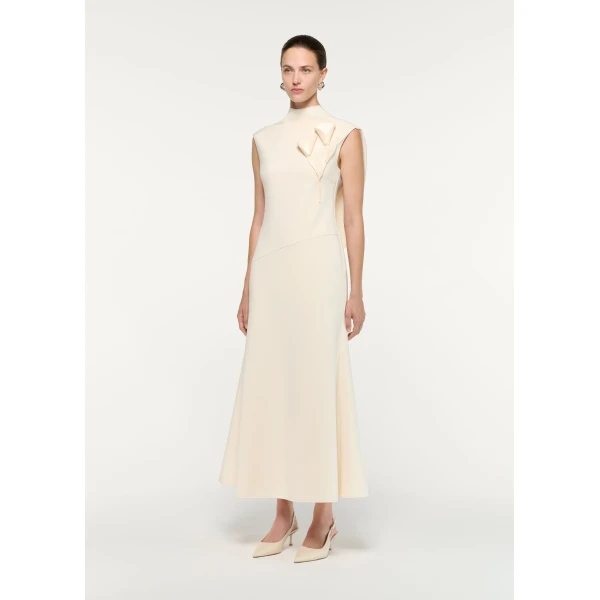 Roland Mouret Flower Embroidery Crepe Midi Dress in Cream, view 2