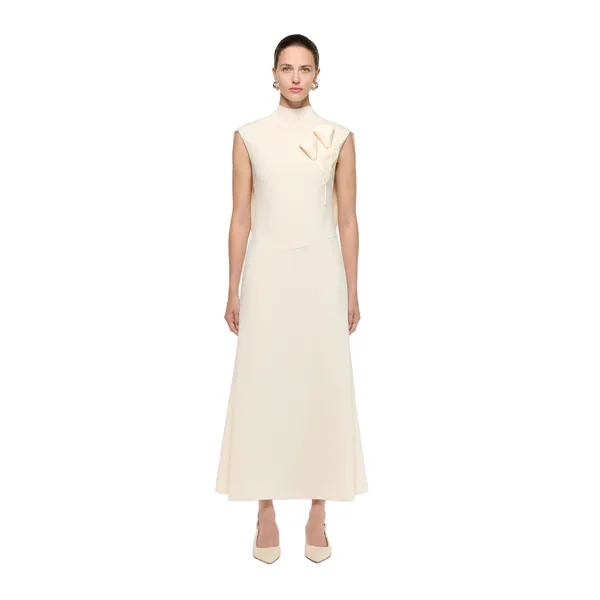 Roland Mouret Flower Embroidery Crepe Midi Dress in Cream