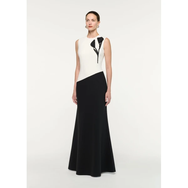 Roland Mouret Flower Embroidery Sleeveless Gown in Black and White, view 2