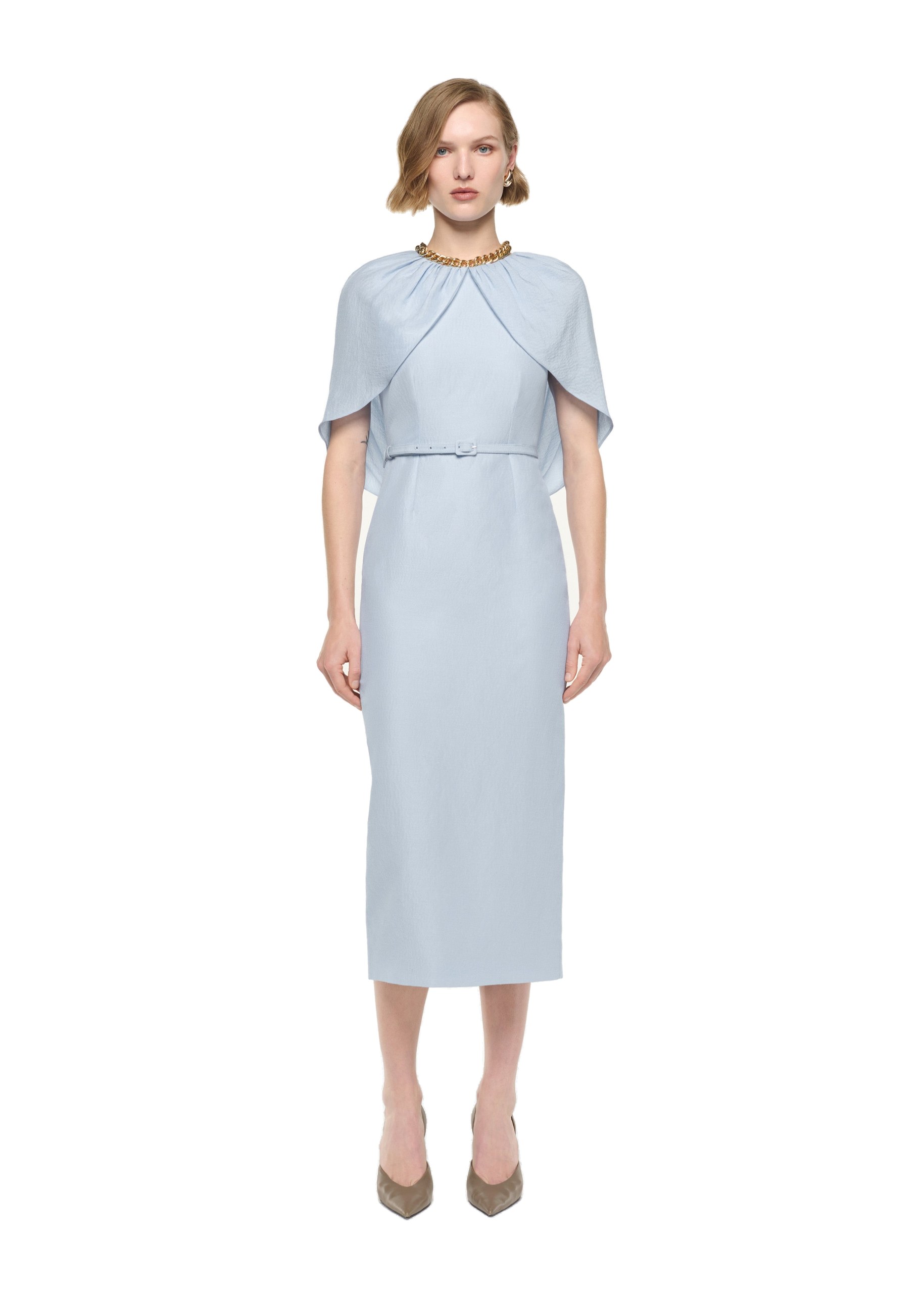 Roland Mouret Gathered Cape Column Fit Midi Dress in Blue
