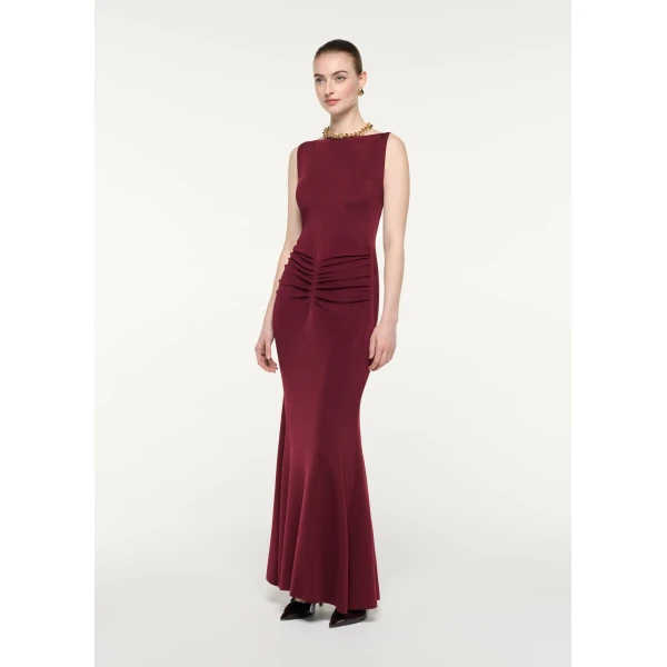 Roland Mouret Gathered Knit Midi Dress in Burgundy, view 2