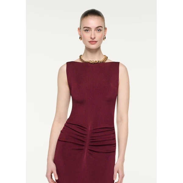 Roland Mouret Gathered Knit Midi Dress in Burgundy, view 4
