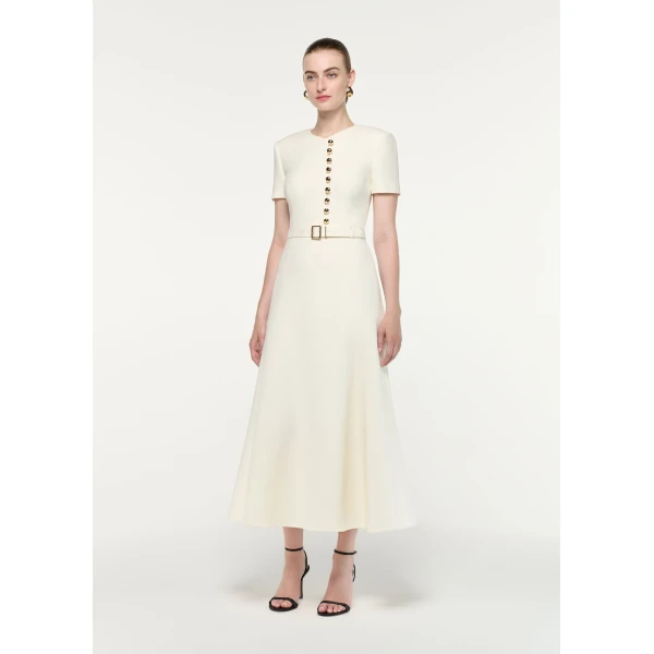 Roland Mouret Gold Button Wool Silk Midi Dress in Cream, view 2