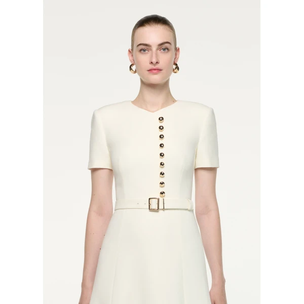 Roland Mouret Gold Button Wool Silk Midi Dress in Cream, view 4