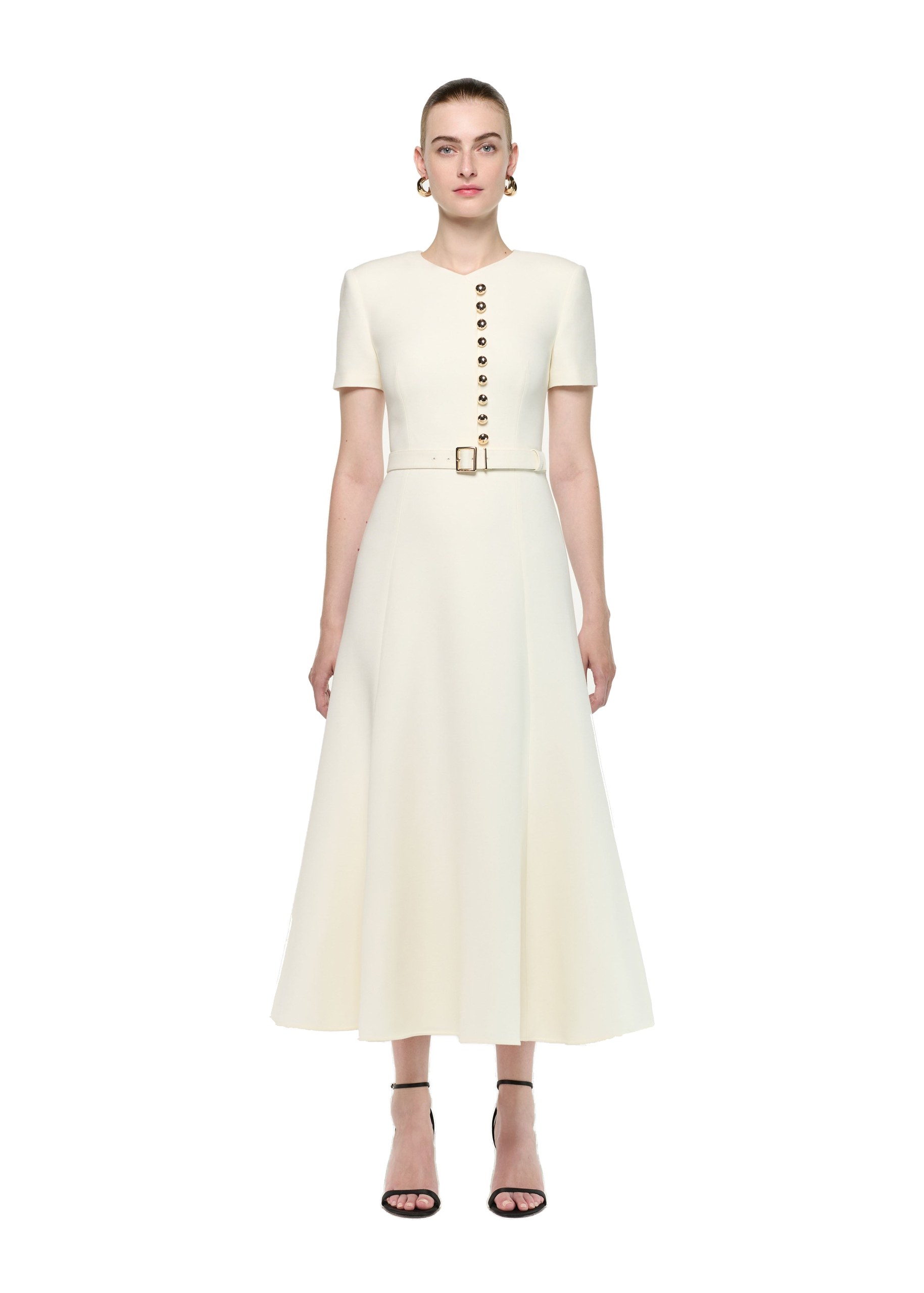 Roland Mouret Gold Button Wool Silk Midi Dress in Cream