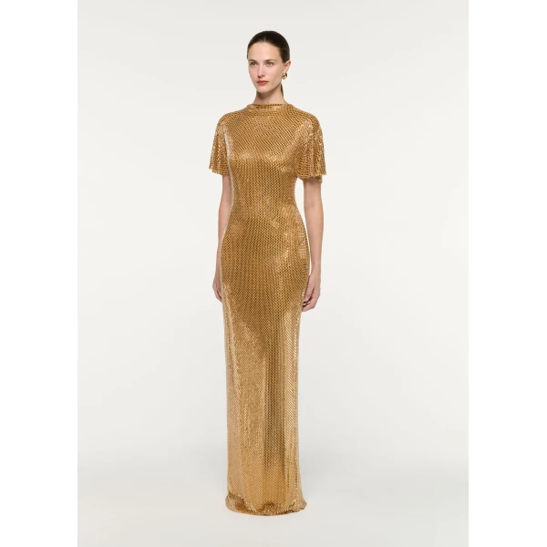 Roland Mouret High Neck Diamante Short Sleeve Gown in Light Topaz, view 2