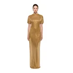 Roland Mouret High Neck Diamante Short Sleeve Gown in Light Topaz