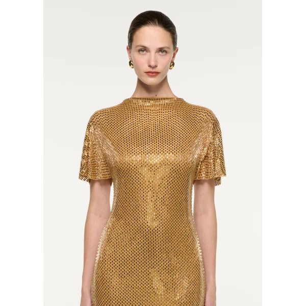 Roland Mouret High Neck Diamante Short Sleeve Gown in Light Topaz, view 4